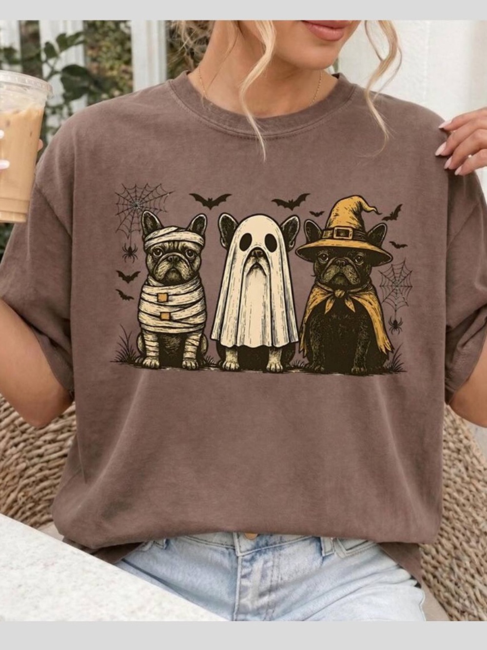 Halloween Pug Dogs Graphic Tee in Brown - Casual tee For Lovers Dog